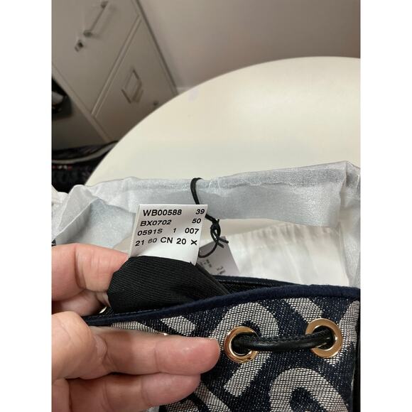 Furla Clio Mini Monogram Denim Drawcord Bucket Bag Navy NWT w/ Dustbag MSRP $750 - Picture 12 of 14